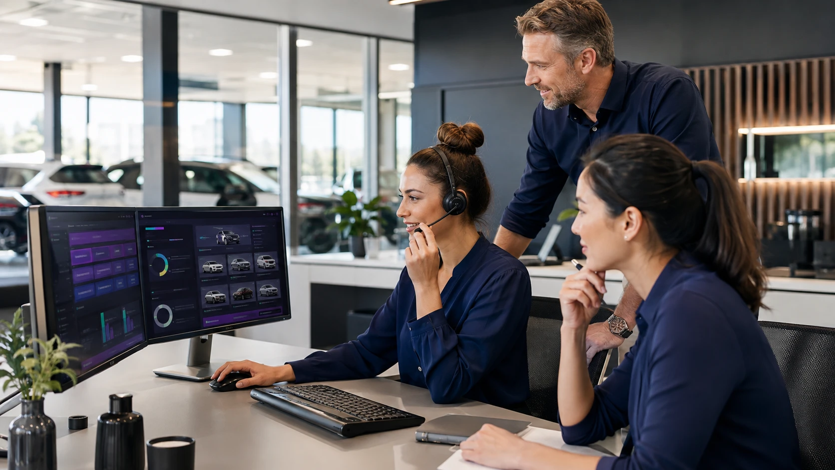 Indigo Business Development Centre staff reviewing lead and vehicle data with a dealer