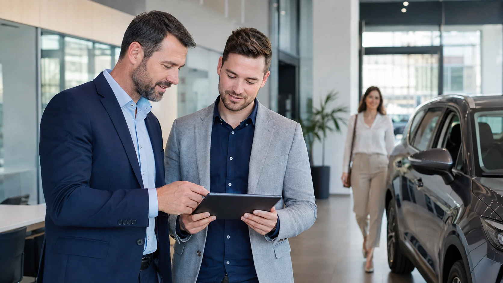 Indigo team members consulting together in a dealership showroom