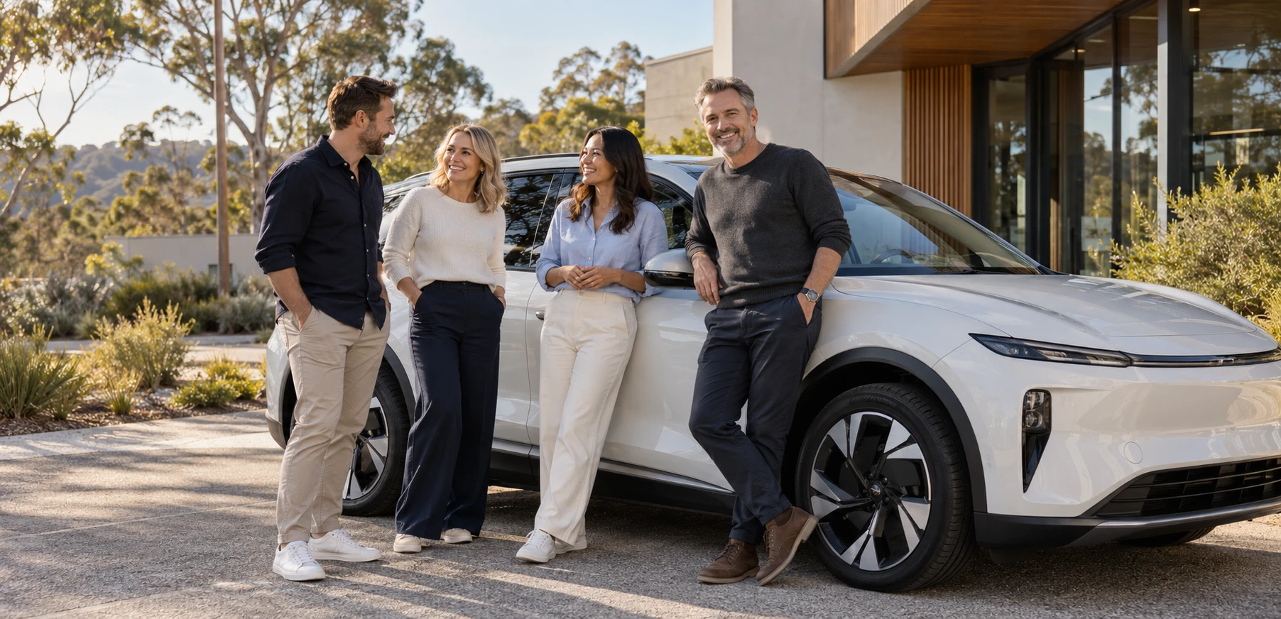 Four people chatting beside a white electric SUV outside a modern building
