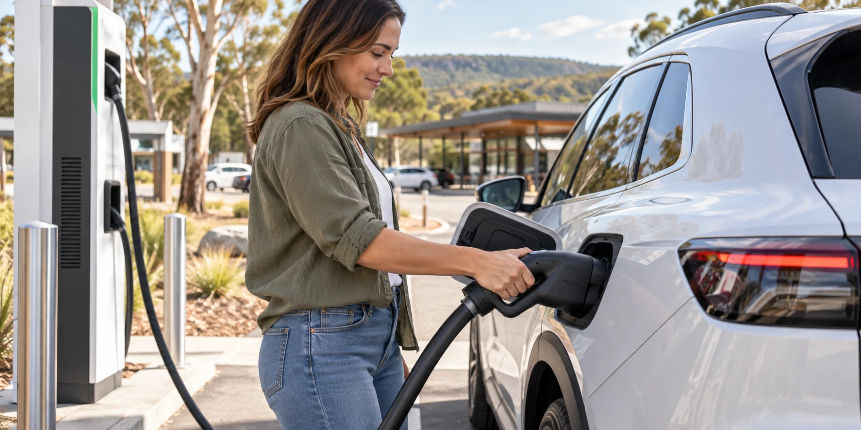A driver plugging an electric SUV into a DC fast charger