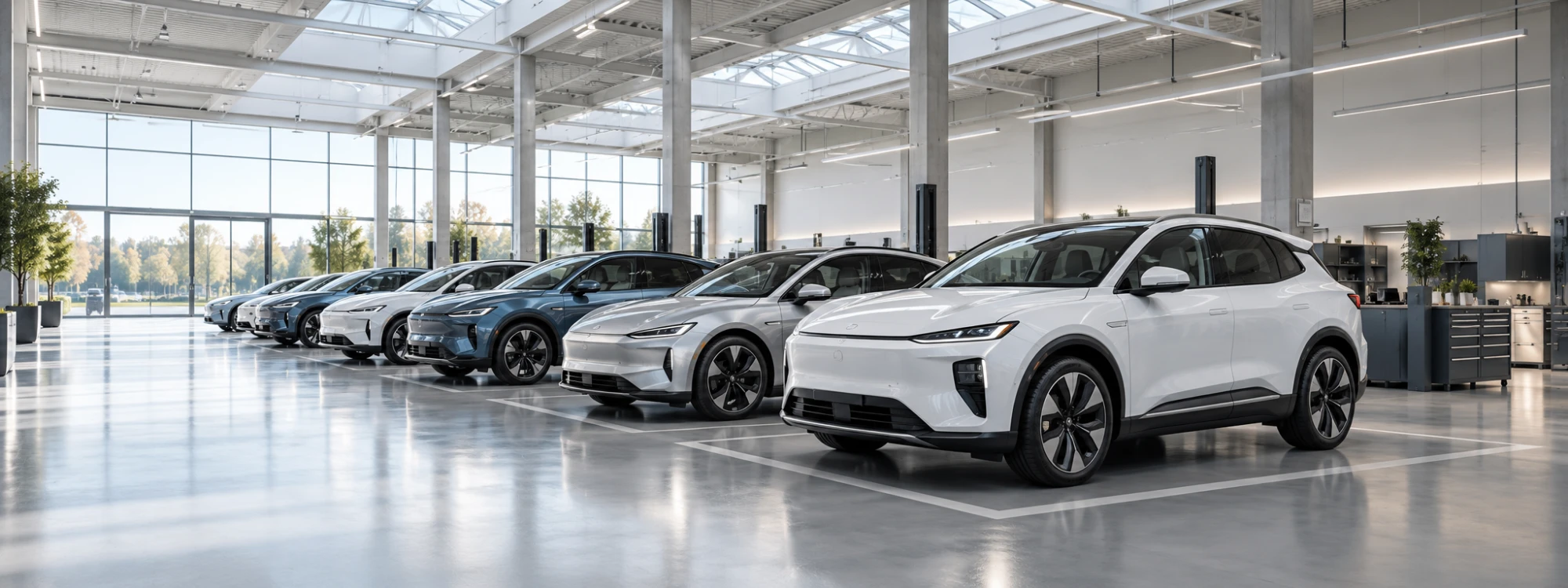 A row of electric vehicles in a bright, modern showroom