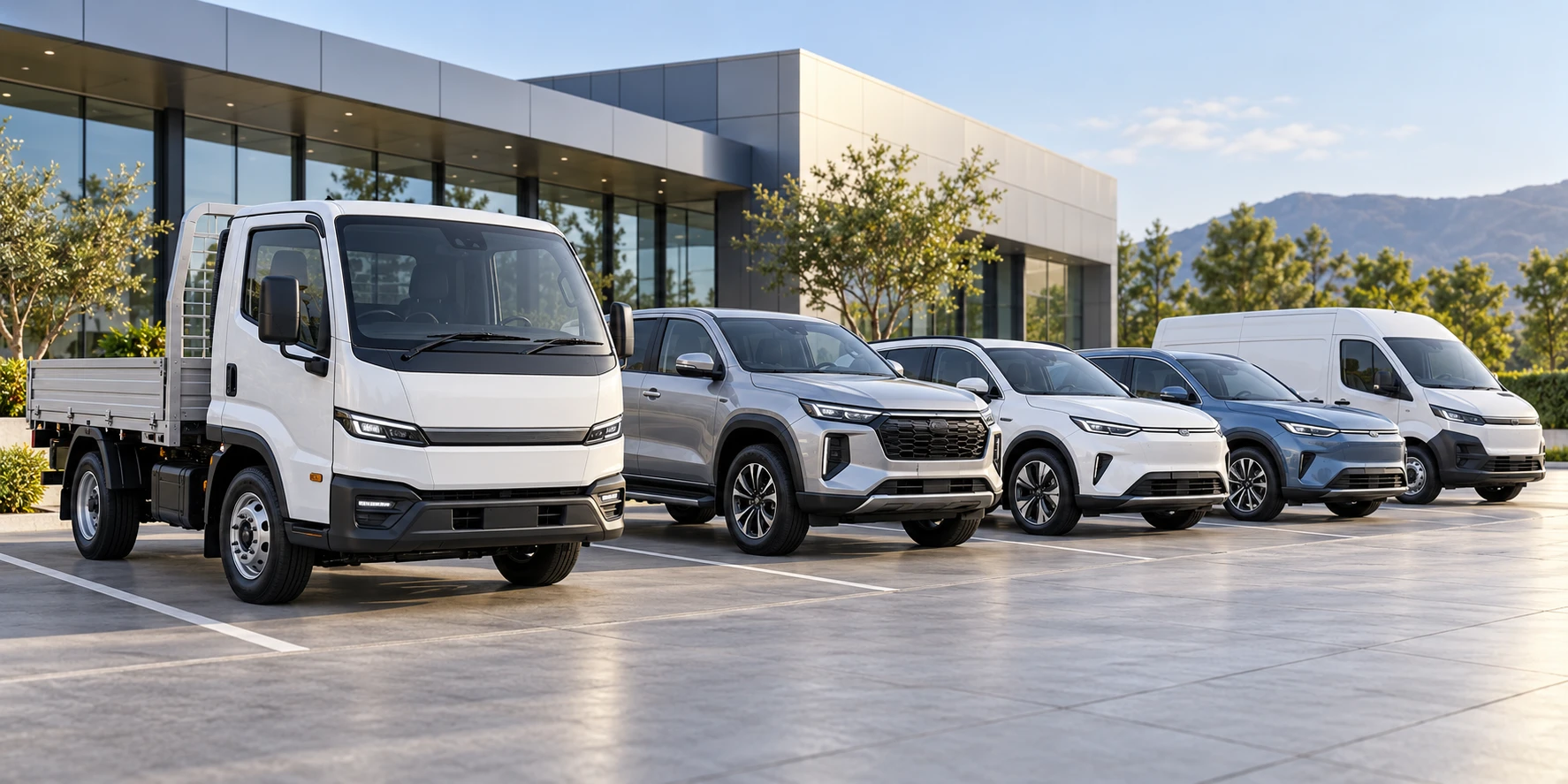 A lineup of electric trucks, utes, SUVs and vans outside a modern facility