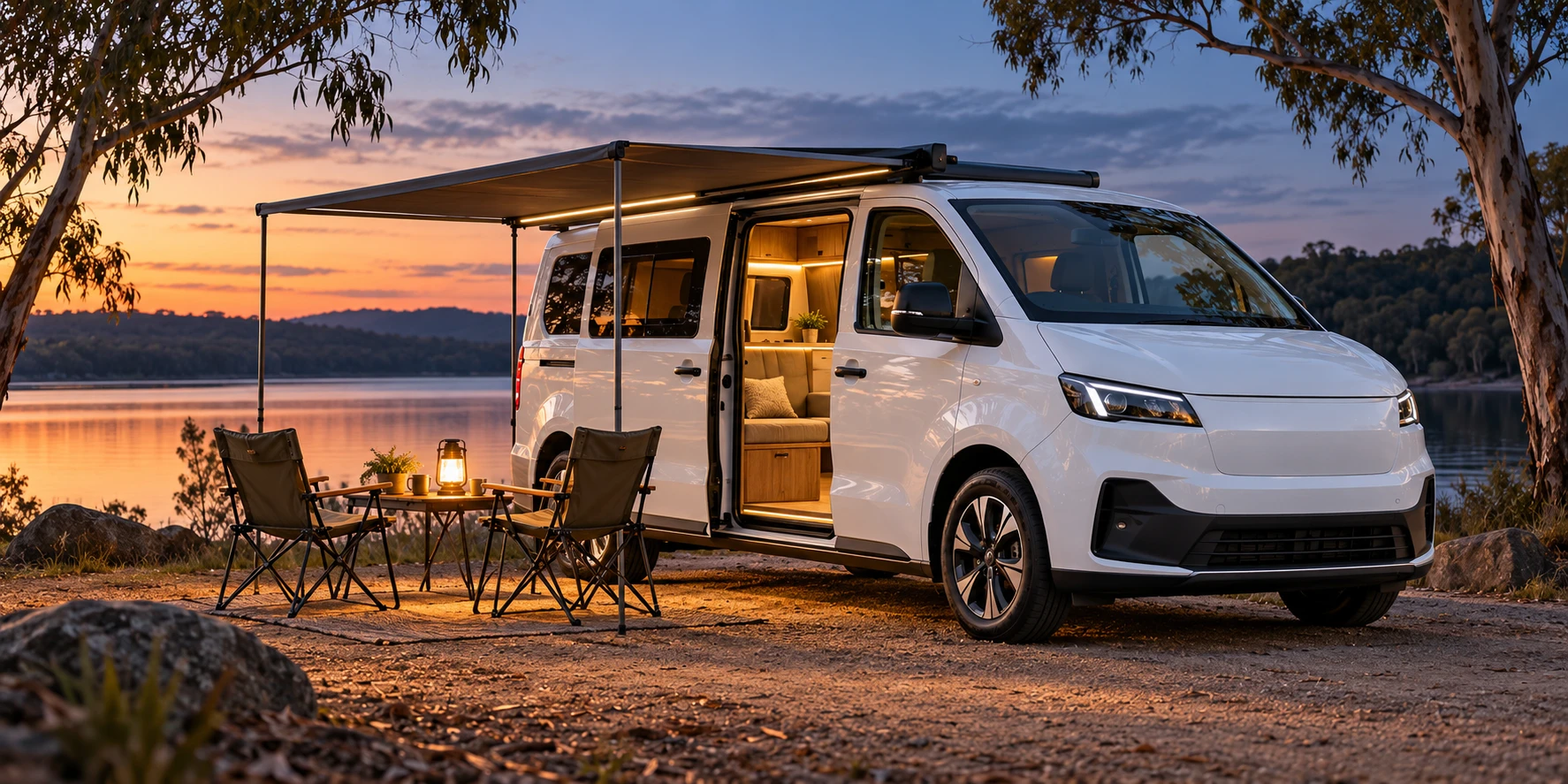 An electric camper van with its awning out by a lake at dusk