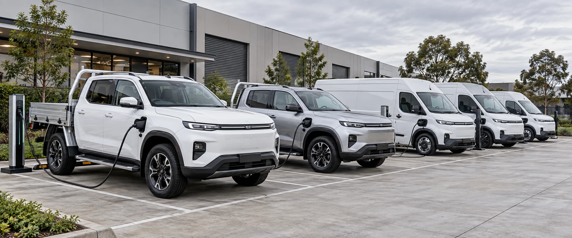 Electric utes and vans charging in a row outside a business depot