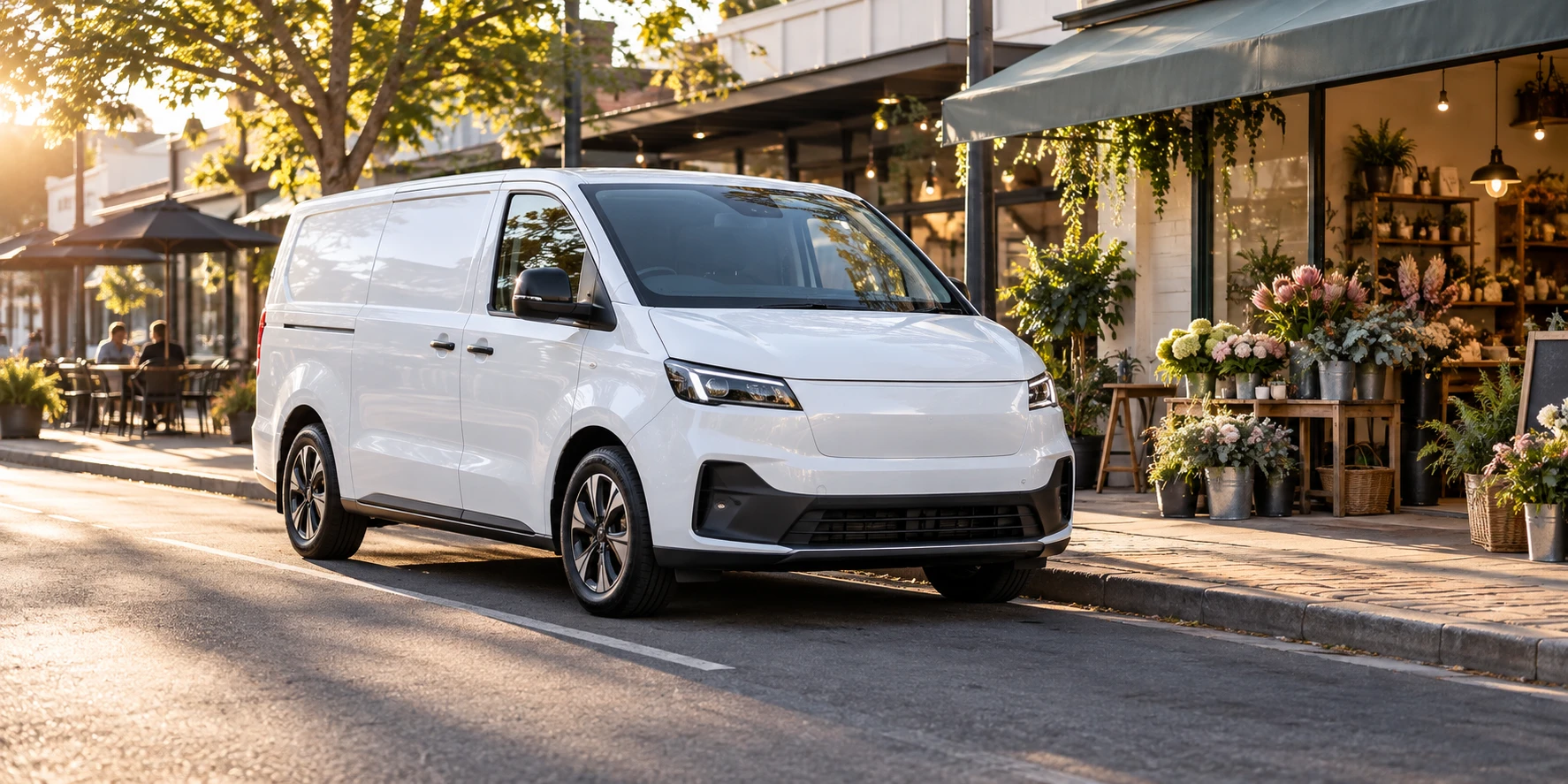 An electric delivery van parked outside a florist