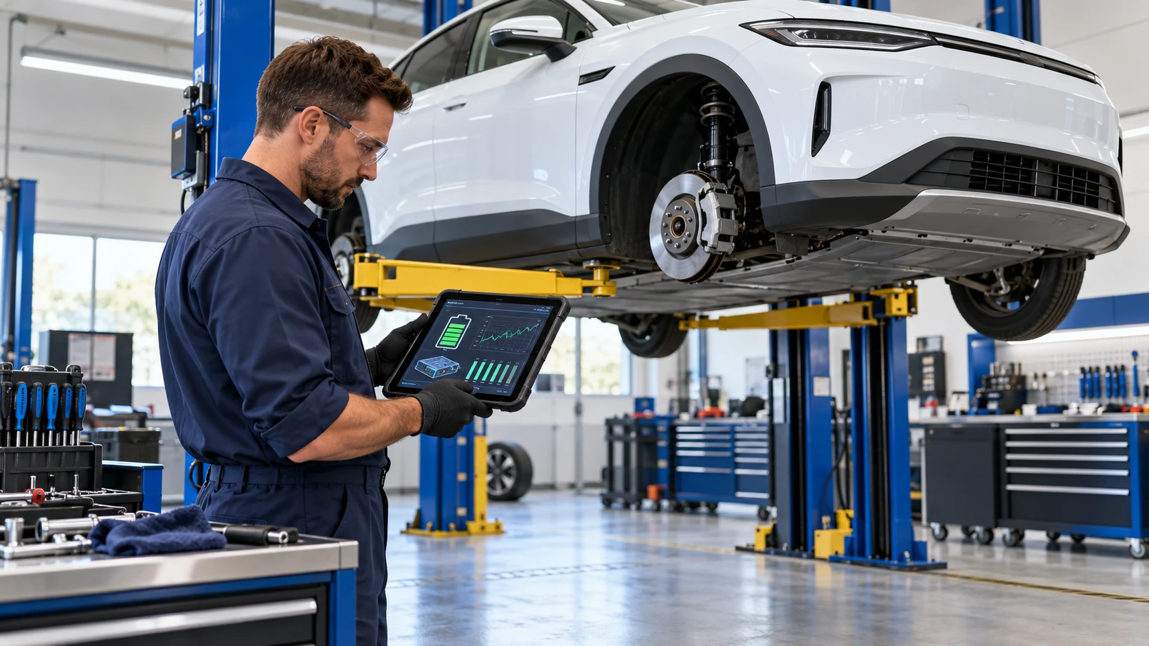A technician checking battery health on a tablet beside an electric SUV on a hoist