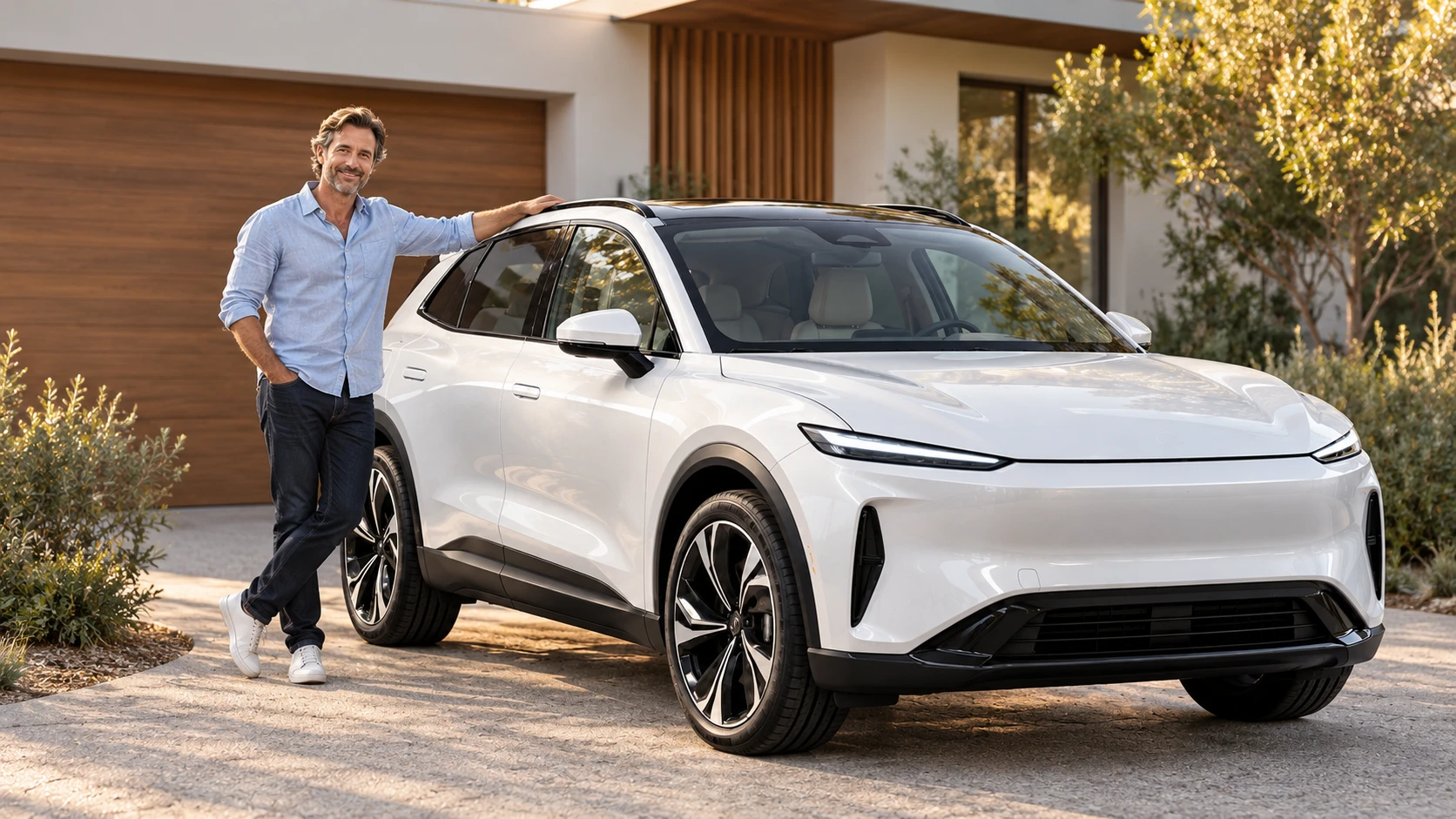 An owner standing beside their white electric SUV in the driveway
