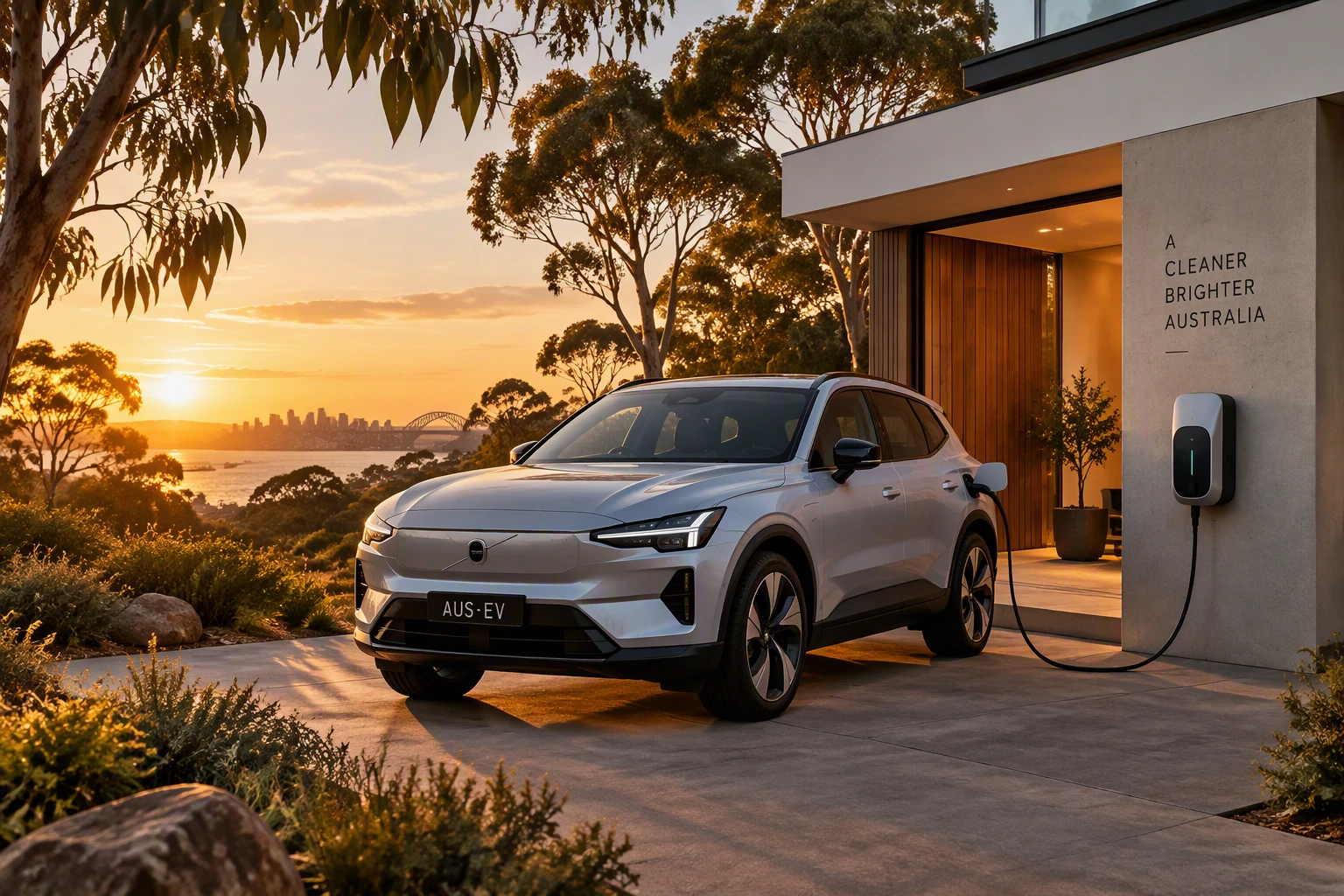 An electric SUV charging at a modern Australian home at sunset, with the harbour city behind