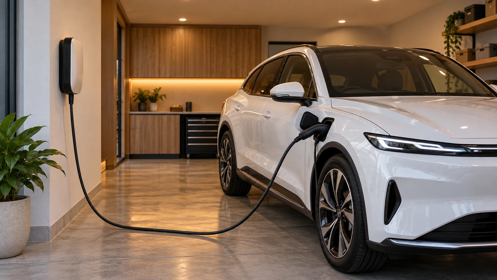 An electric car charging from a wall-mounted charger in a home garage