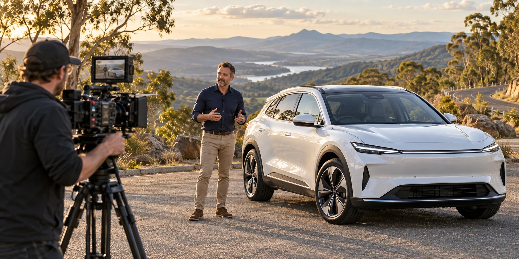 A presenter filming an electric SUV review at a lookout over the hills