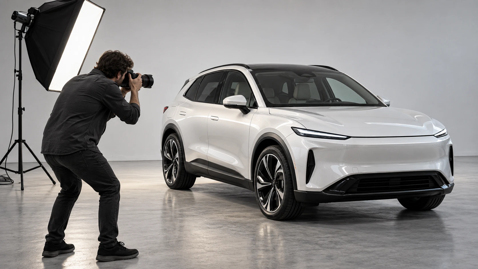 A photographer shooting a listing photo of a white electric SUV in a studio